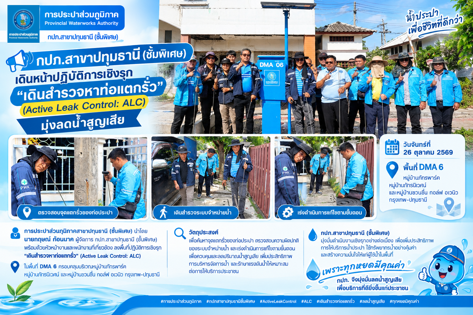 📢 กปภ.สาขาปทุมธานี (ชั้นพิเศษ) เดินหน้าปฏิบัติการเชิงรุก “เดินสำรวจหาท่อแตกรั่ว” (Active Leak Control: ALC) มุ่งลดน้ำสูญเสีย